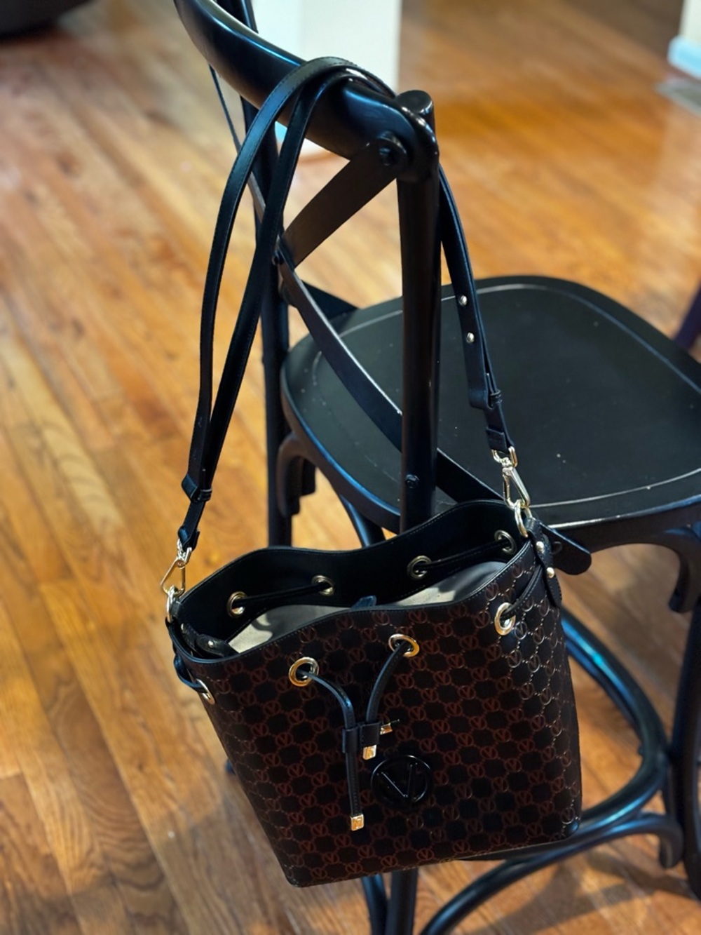Valentino Brown & Black Logo Drawstring Bucket Bag - Picture 10 of 10